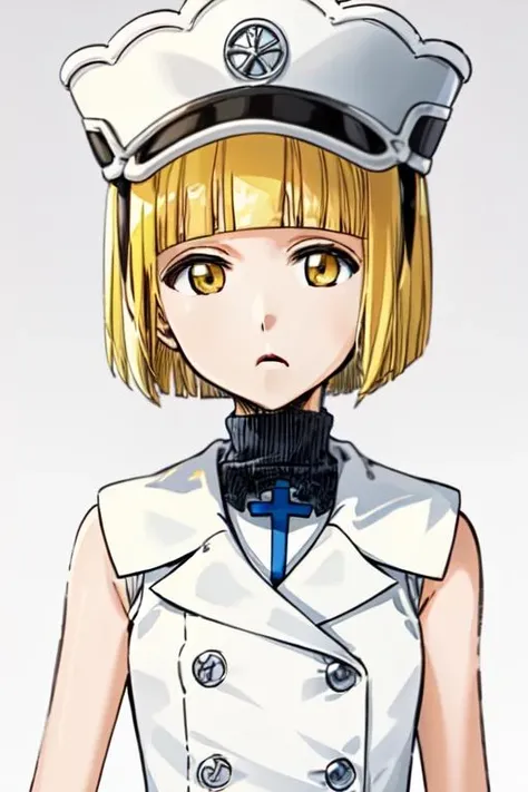 <lora:Liltotto_Lamperd:0.8>liltotto lamperd, blunt bangs, short hair, cross, yellow eyes,white turtleneck, solo, hat, yellow eyes, gradient background, closed mouth, 1girl, bob cut, gradient, blonde hair,sleeveless,