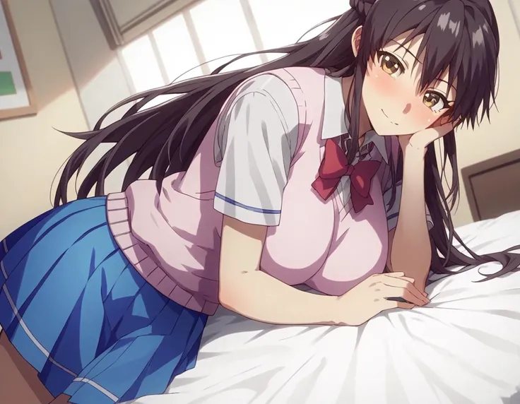 score_9, score_8_up, score_7_up, source_anime,
yurishibasaki, <lora:yuri-shibasaki-ova-ponyxl-lora-nochekaiser:1>,
yuri shibasaki, long hair, black hair, brown eyes, braid, half updo, large breasts,
bow, school uniform, bowtie, red bow, sweater vest, pink sweater vest, skirt, blue skirt, pleated skirt,
indoors, bed, bed room, on side, blush, drunk,
solo, dutch angle, looking at viewer, cowboy shot,