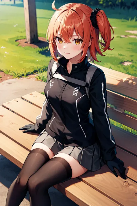 masterpiece, best quality, highres, aaritsuka, short hair, ahoge, hair scrunchie, black scrunchie, medium breasts, black jacket, harness, black gloves, grey skirt, pleated skirt, <lora:fujimaru_ritsuka_(female)_v1:0.7>, sitting, bench, outdoors