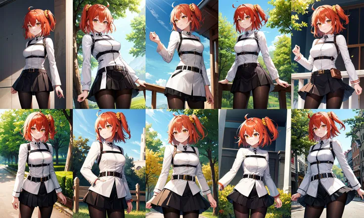 masterpiece, best quality, highres, aaritsuka, short hair, ahoge, hair scrunchie, orange scrunchie, medium breasts, white jacket, harness, long sleeves, belt, black skirt, miniskirt, black pantyhose, <lora:fujimaru_ritsuka_(female)_v1:0.7>, standing, cowboy shot, outdoors