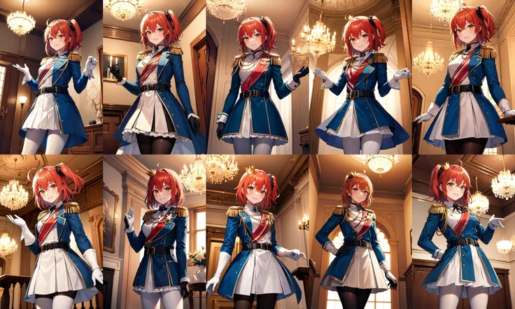 masterpiece, best quality, highres, aaritsuka, short hair, ahoge, hair scrunchie, black scrunchie, mini crown, epaulettes, blue jacket, aiguillette, white gloves, black belt, black pantyhose, <lora:fujimaru_ritsuka_(female)_v1:0.7>, indoors, chandelier, standing, cowboy shot, smile