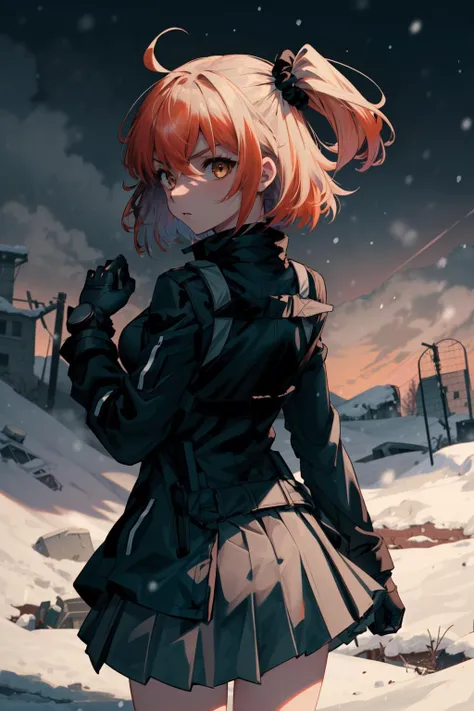 masterpiece,best quality,1girl,aaritsuka,short hair,ahoge,hair scrunchie,black scrunchie,medium breasts,black jacket,harness,black gloves,grey skirt,pleated skirt,serious,looking back,standing,from behind,snow,snowing,wasteland,<lora:CHAR-FGO-GUDAKO-Fujimaru Ritsuka female_v1-h_madoka:0.8>,