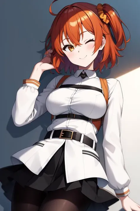 masterpiece, best quality, highres, aaritsuka, short hair, ahoge, hair scrunchie, orange scrunchie, medium breasts, white jacket, harness, long sleeves, belt, black skirt, miniskirt, black pantyhose, <lora:FGO_F!FujimaruRitsuka [h_madoka]:0.7>, smile, one eye closed, hand up