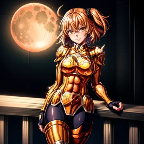 masterpiece, best quality, highres, solo, 1girl, subtle smile, detailed background,medium breasts,aaritsuka, short hair, ahoge,hair scrunchie,black scrunchie,fingerless gloves ,<lora:more_details:0.8>, pauldrons ,gold armor, <lora:fujimaru_ritsuka_(female)_v1:0.9>, <lora:Taurus:0.7> ,city, night, moon