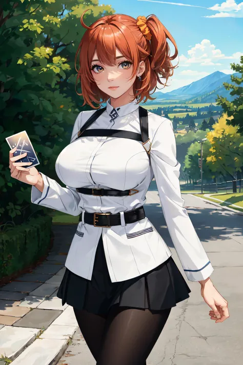 (masterpiece, best quality, ultra detailed, absurdres)1.5, 1girl, (sexy, beautiful woman, perfect face, perfect eyes, perfect female body, huge breasts)1.5, (aaritsuka, short hair, ahoge, hair scrunchie, orange scrunchie, medium breasts, white jacket, harness, long sleeves, belt, black skirt, miniskirt, black pantyhose, white boots, holding card,<lora:fujimaru_ritsuka_(female)_v1:0.7>), (standing, outdoors, hills), perfect lighting, smooth, hdr