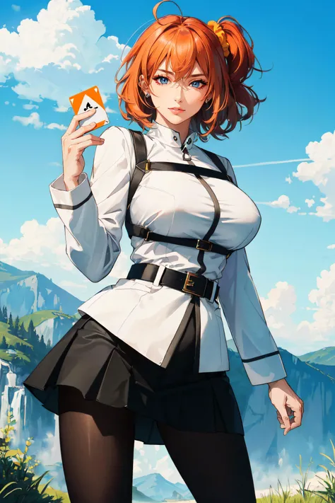 (masterpiece, best quality, ultra detailed, absurdres)1.5, 1girl, (sexy, beautiful woman, perfect face, perfect eyes, perfect female body, huge breasts)1.5, (aaritsuka, short hair, ahoge, hair scrunchie, orange scrunchie, medium breasts, white jacket, harness, long sleeves, belt, black skirt, miniskirt, black pantyhose, white boots, holding card,<lora:fujimaru_ritsuka_(female)_v1:0.7>), (standing, outdoors, hills), perfect lighting, smooth, hdr