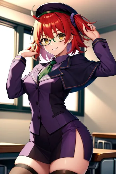 anime girl with bunny ears, purple gradient orange hair, Olive green eyes and round glasses looking at the viewer smiling