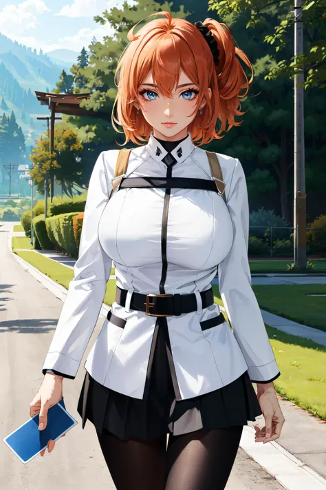 (masterpiece, best quality, ultra detailed, absurdres)1.5, 1girl, (sexy, beautiful woman, perfect face, perfect eyes, perfect female body, huge breasts)1.5, (aaritsuka, short hair, ahoge, hair scrunchie, orange scrunchie, medium breasts, white jacket, harness, long sleeves, belt, black skirt, miniskirt, black pantyhose, white boots, holding card,<lora:fujimaru_ritsuka_(female)_v1:0.7>), (standing, outdoors, hills), perfect lighting, smooth, hdr