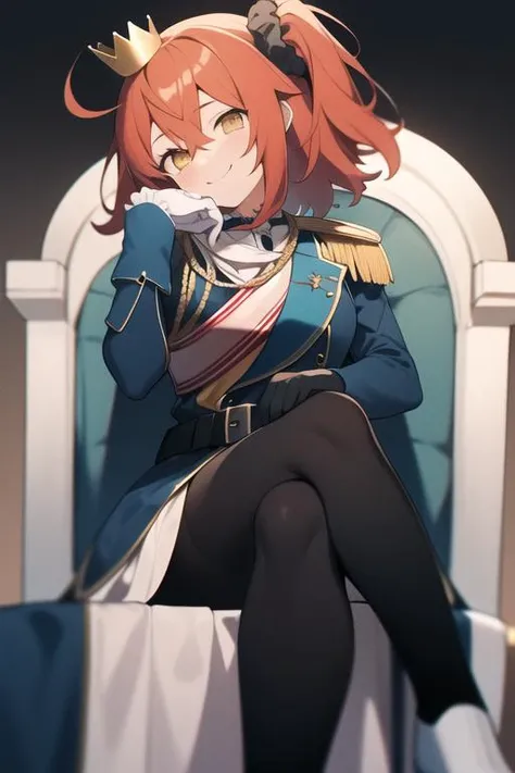 masterpiece, best quality, highres, <lora:FGO_F!FujimaruRitsuka [h_madoka]:0.9>, smile, aaritsuka, short hair, (ahoge:1.2), hair scrunchie, black scrunchie, mini crown, epaulettes, blue jacket, aiguillette, white gloves, black belt, black pantyhose, crossed legs, sitting, throne, elbow rest, hand on own cheek, raised eyebrow