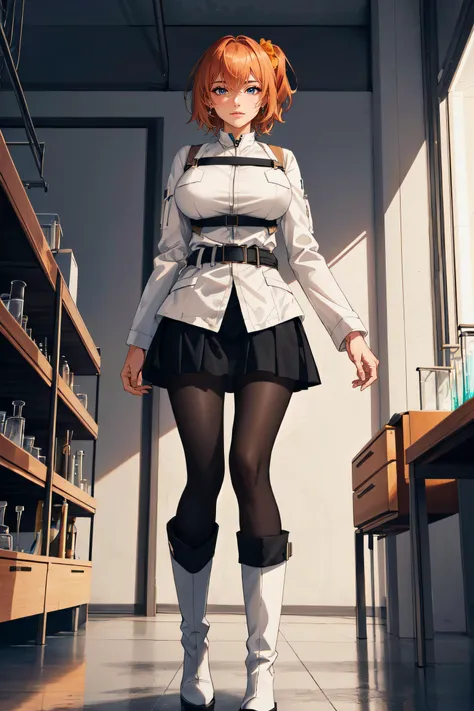 (masterpiece, best quality, ultra detailed, absurdres)1.5, 1girl, (sexy, beautiful woman, perfect face, perfect eyes, perfect female body, huge breasts)1.5, (aaritsuka, short hair, ahoge, hair scrunchie, orange scrunchie, medium breasts, white jacket, harness, long sleeves, belt, black skirt, miniskirt, black pantyhose, white boots, <lora:fujimaru_ritsuka_(female)_v1:0.7>), (standing, science fiction, indoors, laboratory), perfect lighting, smooth, hdr
