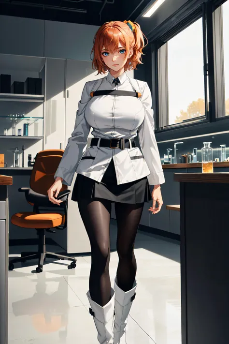 (masterpiece, best quality, ultra detailed, absurdres)1.5, 1girl, (sexy, beautiful woman, perfect face, perfect eyes, perfect female body, huge breasts)1.5, (aaritsuka, short hair, ahoge, hair scrunchie, orange scrunchie, medium breasts, white jacket, harness, long sleeves, belt, black skirt, miniskirt, black pantyhose, white boots, <lora:fujimaru_ritsuka_(female)_v1:0.7>), (standing, science fiction, indoors, laboratory), perfect lighting, smooth, hdr