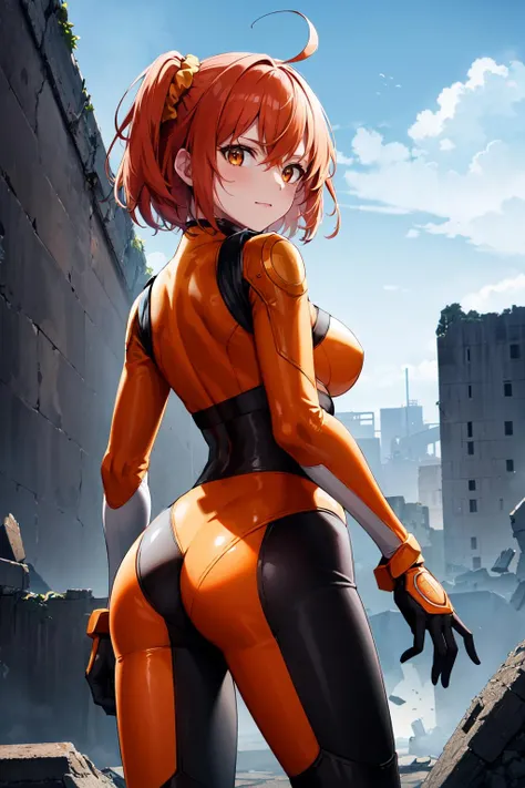 masterpiece, best quality, highres, aaritsuka, short hair, ahoge, hair scrunchie, orange scrunchie, medium breasts, (orange bodysuit:1.2), black gloves, <lora:fujimaru_ritsuka_(female)_v1:0.7>, ruins, standing, ass, from behind, looking at viewer,