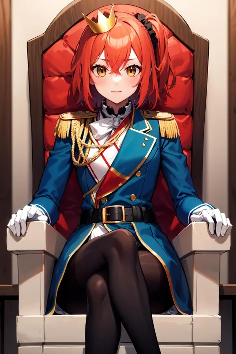 masterpiece, best quality, highres, aaritsuka, short hair, ahoge, hair scrunchie, black scrunchie, mini crown, epaulettes, blue jacket, aiguillette, white gloves, black belt, black pantyhose, <lora:fujimaru_ritsuka_(female)_v1:0.7>, indoors, throne, sitting, crossed legs,