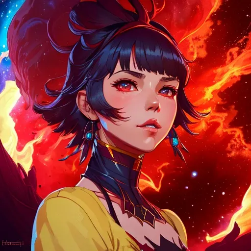 highly detailed close portrait of josierz, by james gilleard, by kaethe butcher, by greg rutkowski, by konstantin yuon, 4 k resolution, nier : automata inspired, bravely default inspired, vibrant but dreary but upflifting red, black and white color scheme!!! ( ( space nebula background ) )