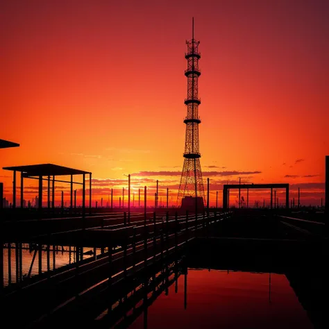 photorealistic, <lora:threshold:0.8>, <lora:DW-000008:0.3>, twilight, red sky, steel-framed tower