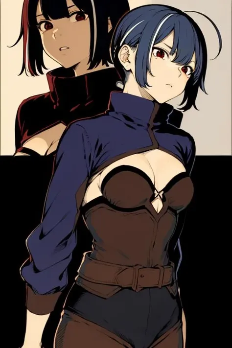 <lora:cike-09:0.8>Blue hair,white streaked hair, braids,Red eyes,Dark blue jacket,Brown top, black pants,Brown gloves, brown boots,brown belt((extremely realistic shading, masterpiece, extremely detailed, photorealistic))