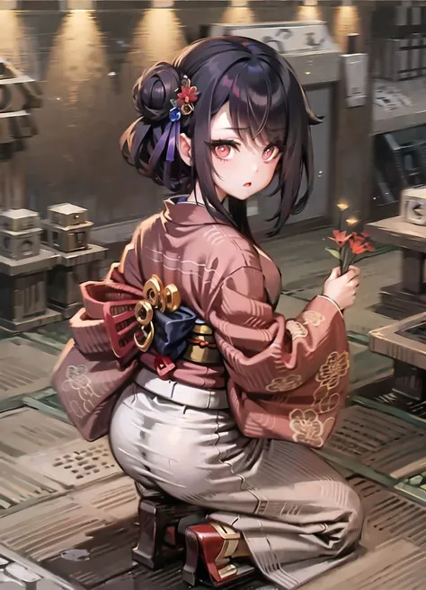 masterpiece,nunnu <lora:nunnu-22:1>, 1girl, black hair, hair bun, hair flower, nape,long kimono, kneeling, looking back, tatami, (stone garden), detailed background