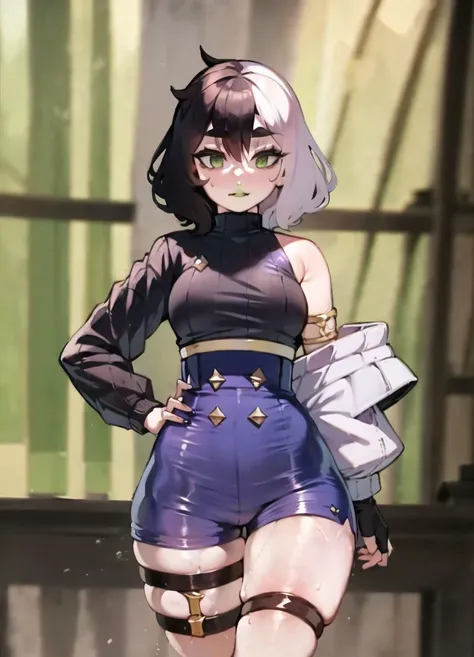 masterpiece,nunnu <lora:nunnu_v2-20:1>, 1girl, <lora:yorra_villeneuve-09:1> yorra_villeneuve, (green eyes, green lips), (thigh strap, single thighhigh,purple high waist shorts, black sweater , long sleeves, single glove:1.2)