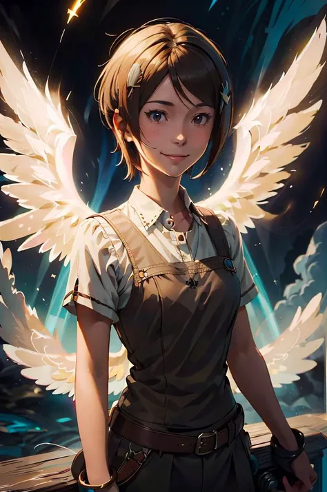 light smile, cowboy shot, <lora:hikari_2:0.7> yagami_hikari, 1girl, brown eyes, brown hair, short hair, hair ornament, <lora:AngelicAI:1> AngelicAI, ultra detailed, masterpiece, best quality, aesthetic, detailed,
