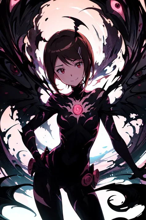 cowboy shot, <lora:hikari_2:0.7> yagami_hikari, 1girl, brown eyes, brown hair, short hair, hair ornament, <lora:ShadeCorruption:0.75> ShadeMC, shademon, shadow, multiple eyes, evil smile, monster, symbiote, pink glow, pink aura,, ultra detailed, masterpiece, best quality, aesthetic, detailed,
