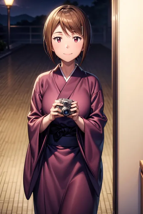 (RAW photo, best quality), masterpiece, an extremely delicate and beautiful, extremely detailed, 2k wallpaper, Amazing, finely detail, extremely detailed CG unity 8k wallpaper, ultra-detailed, highres, soft light, beautiful detailed girl, cinematic lightning, perfect anatomy, look at viewer, smile, 1girl, solo, smile, short hair, brown hair, closed eyes, japanese clothes, kimono, blurry, yukata, camera, pink kimono, yagami_hikari
