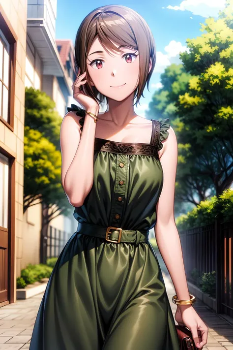 (RAW photo, best quality), masterpiece, an extremely delicate and beautiful, extremely detailed, 2k wallpaper, Amazing, finely detail, extremely detailed CG unity 8k wallpaper, ultra-detailed, highres, soft light, beautiful detailed girl, cinematic lightning, perfect anatomy, look at viewer, smile, 1girl, solo, smile, short hair, brown hair, casual dress, brown eyes, jewelry, sleeveless, bracelet, sleeveless dress, outdoor, yagami_hikari, pose