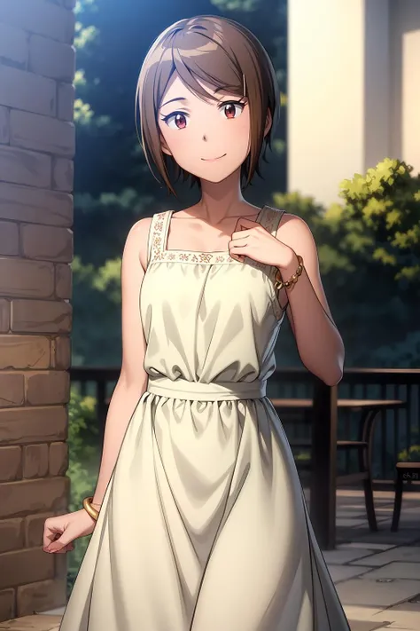 (RAW photo, best quality), masterpiece, an extremely delicate and beautiful, extremely detailed, 2k wallpaper, Amazing, finely detail, extremely detailed CG unity 8k wallpaper, ultra-detailed, highres, soft light, beautiful detailed girl, cinematic lightning, perfect anatomy, look at viewer, smile, 1girl, solo, smile, short hair, brown hair, casual dress, brown eyes, jewelry, sleeveless, bracelet, sleeveless dress, outdoor, yagami_hikari, pose