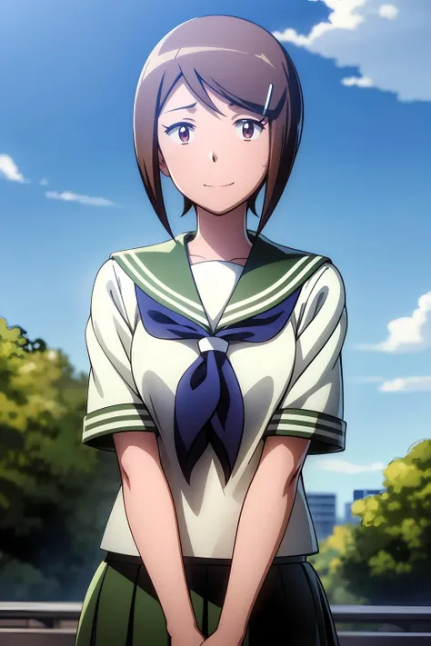 (RAW photo, best quality), masterpiece, an extremely delicate and beautiful, extremely detailed, 2k wallpaper, Amazing, finely detail, extremely detailed CG unity 8k wallpaper, ultra-detailed, highres, soft light, beautiful detailed girl, cinematic lightning, perfect anatomy, look at viewer, smile, 1girl, solo, short hair, skirt, brown hair, hair ornament, brown eyes, school uniform, short sleeves, pleated skirt, serafuku, hairclip, sailor collar, sweatdrop, neckerchief, green skirt, yagami_hikari