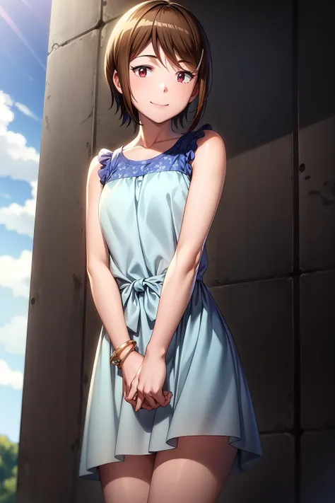 (RAW photo, best quality), masterpiece, an extremely delicate and beautiful, extremely detailed, 2k wallpaper, Amazing, finely detail, extremely detailed CG unity 8k wallpaper, ultra-detailed, highres, soft light, beautiful detailed girl, cinematic lightning, perfect anatomy, look at viewer, smile, 1girl, solo, smile, short hair, brown hair, dress, brown eyes, jewelry, sleeveless, bracelet, sleeveless dress, blue dress, outdoor, yagami_hikari