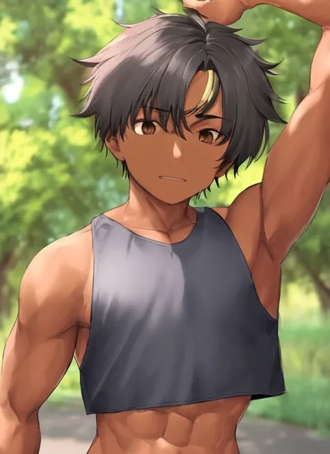 1boy, crop top,  upper body, solo,  dark skin, head, outdoors
