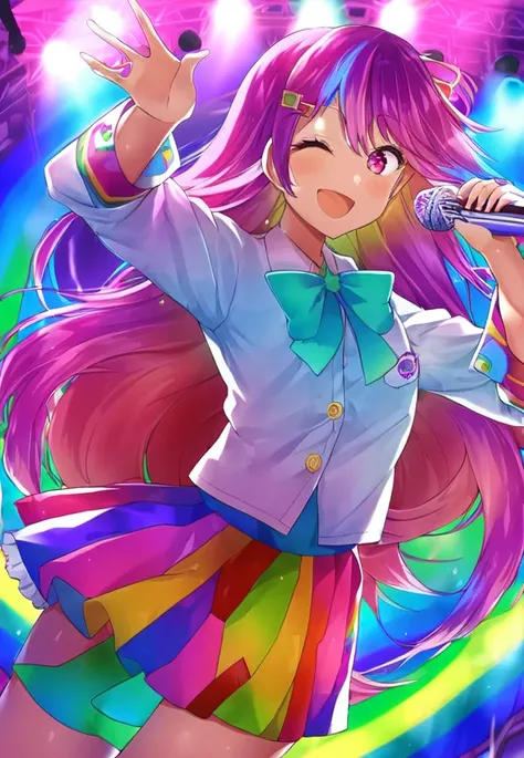 1girl, rainbow,hype, action, by b-ginga, rainbow, (rainbow :1.2)skirt, button-up shirt, microphone, stage, stage lighting, anatomy, framing, wide smile