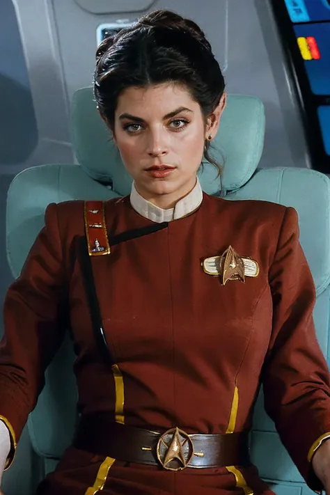 <lora:Krloal_V3-000007:1>, realistic photo of Krloal, a woman, skin details, pointed ears, hair up, wearing a red star trek uniform dress, sitting, captains chair on the bridge of a star ship, looking at the camera, simple background, (masterpiece:1.0), (best quality:1.0), ultra detailed, flash photography