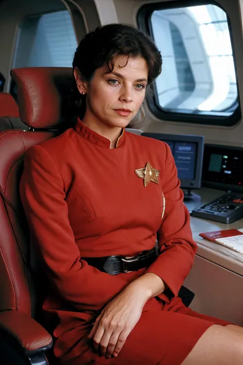 <lora:Krloal_V2aa_Locon-000010:0.9>, (full body shot:0.85), realistic photo of Krloal, a middle aged woman, (fine lines and wrinkles:1.1), wearing a red star trek uniform, sitting in the captains chair, on a starship, stoic expression, looking at the camera, simple background, (masterpiece:1.0), (best quality:1.0), beautiful, (intricate details), flash photography