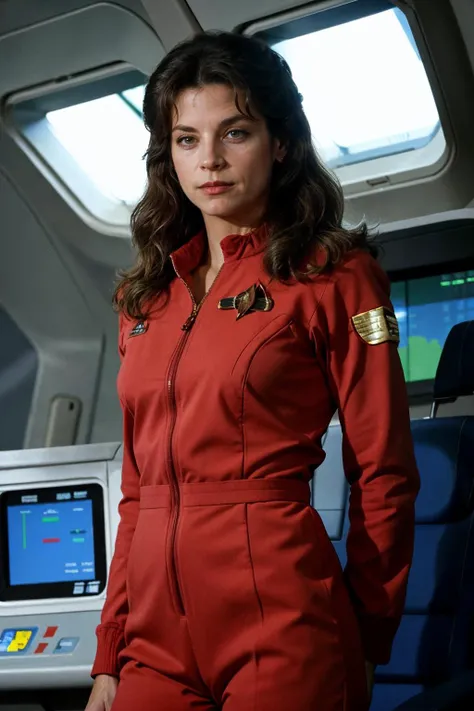 <lora:Krloal_V2aa_Locon-000009:0.95>, (full body shot:0.85), realistic photo of Krloal, a middle aged woman, (fine lines and wrinkles:1.1), wearing a red star trek jumpsuit, standing, on a starship, stoic expression, looking at the camera, simple background, (masterpiece:1.0), (best quality:1.0), beautiful, (intricate details), flash photography