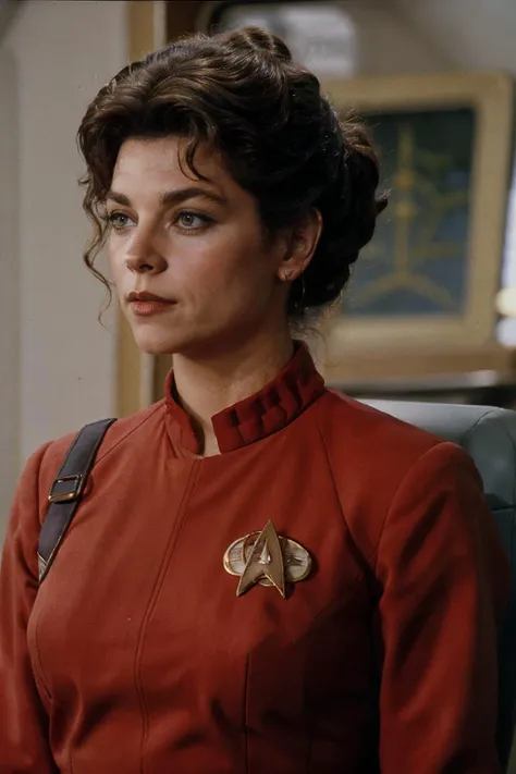<lora:Krloal_V3-000007:1>, realistic photo of Krloal, a woman, skin details, pointed ears, hair up, wearing a red star trek uniform dress, sitting, captains chair on the bridge of a star ship, looking at the camera, simple background, (masterpiece:1.0), (best quality:1.0), ultra detailed, flash photography