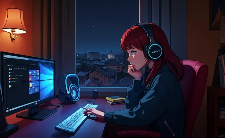 <lora:lofistudy:0.75>, lofistudy, 1girl, from side, typing, redhead, blue eyes, chair, computer, headphones, indoors, keyboard_\(computer\), laptop, monitor, mouse_\(computer\), monitor, curtains, night, window, milan background