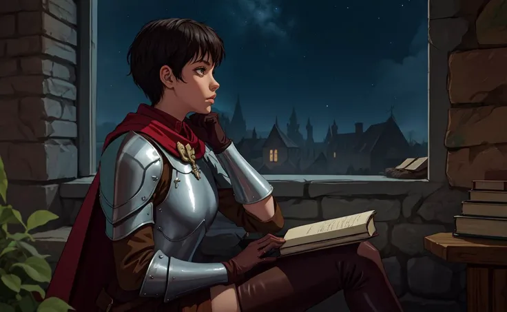 <lora:lofistudy:0.5>, lofistudy, 1girl, from side, writing, <lora:CascaV1:0.5>, casca \(berserk\), breastplate, brown gloves, thigh boots, shoulder armor, cape, pelvis curtain, hand_on_own_chin, hand_rest, book, papers, stone wall, medieval, fantasy, berserk, night, window, starry_sky, battlefield, medieval background