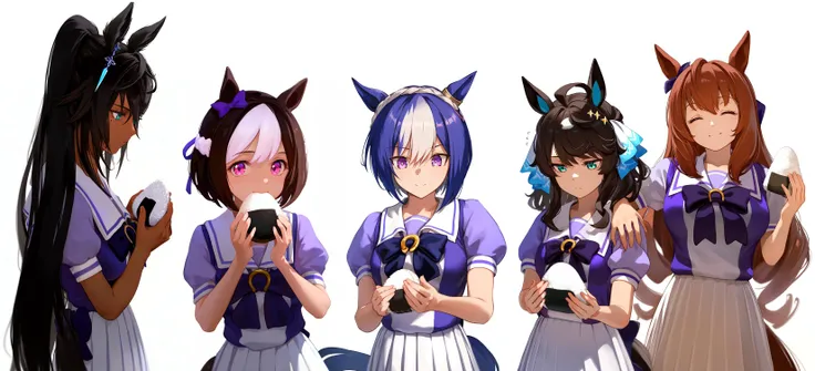 score_9, score_8_up, score_7_up BREAK shobufuku, tracen_uniform, 1girl, solo, head down,looking down,light smile,arms at sides, short hair, bangs, skirt, shirt, bow, animal ears, closed mouth, school uniform, purple eyes, tail, purple hair, braid, white hair, short sleeves, multicolored hair, pleated skirt, outdoors, serafuku, puffy sleeves, bowtie, sailor collar, two-tone hair, puffy short sleeves, white skirt, horse ears, horse girl, horse tail, purple bow, purple shirt,upper body,facing viewer,(white background:1.4), <lora:Cesario-ponyXL:0.8>,
