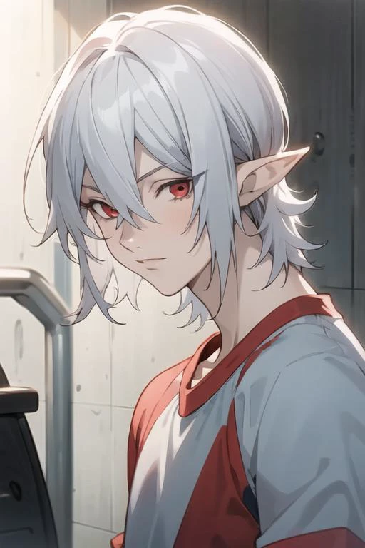 masterpiece, best quality, high quality, 1boy, solo, male focus, looking at viewer, upper body, <lora:mihai_florescu:0.74>, mihai_florescu, red eyes, silver hair, hair between eyes, pointy ears, , tank top