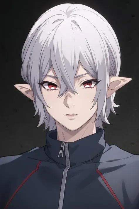 masterpiece, best quality, high quality, 1boy, solo, male focus, looking at viewer, upper body, <lora:mihai_florescu:0.78>, mihai_florescu, red eyes, silver hair, hair between eyes, pointy ears, realistic, track suit
