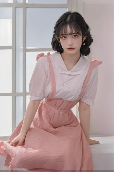 <lora:koizumimoeka_lora-06:0.7>,square face,slender face,long face,curly hair,messy hair,curly hair,looking at viewer,day,maid,(best quality:1.2),(masterpiece:1.6),(photorealistic:1.2),(realistic:1.6),extremely detailed,(8K:1.2),(extremely delicate and beautiful:1),huge filesize,available light,pink,window,