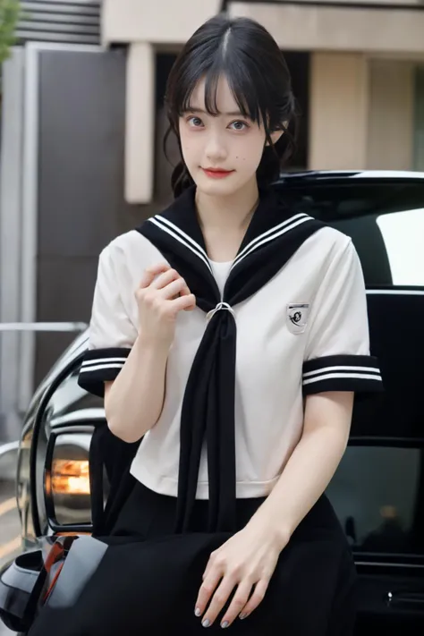 <lora:koizumimoeka_lora:0.9>,white_serafuku,black_sailor_collar,beautiful hand,standing in front of a white car,square face,messy hair,curly hair,homu,(best quality:1.2),(masterpiece:1.6),(photorealistic:1.2),(realistic:1.6),extremely detailed,(8K:1.2),(extremely delicate and beautiful:1),huge filesize,background light,available light,outdoors,