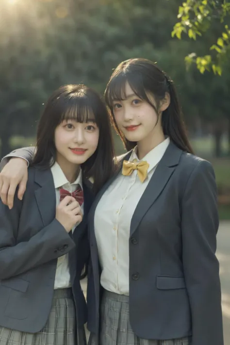 2girls,bangs,slender face,slender,(looking at viewer:1.6),school_uniform,(light smile),(best quality:1.2),(masterpiece:1.6),(photorealistic:1.6),(realistic:1.6),extremely detailed,(8K:1.2),extremely delicate and beautiful,huge filesize,moody lighting,available light,light theme,white,outdoors,day,lawn,