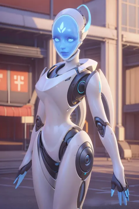 realistic, realism, photorealism, photo-realistic, high contrast, (photorealistic:1.4), 8k high definition detailed realistic, (best quality, masterpiece:1.2), NSFW, photon mapping, radiosity, physically-based rendering, best quality, highly detailed, 1girl, 3d, owecho,owecho, android, humanoid robot, blue face, blue, blue eyelashes, glove, upper body, outdoor, street, city,