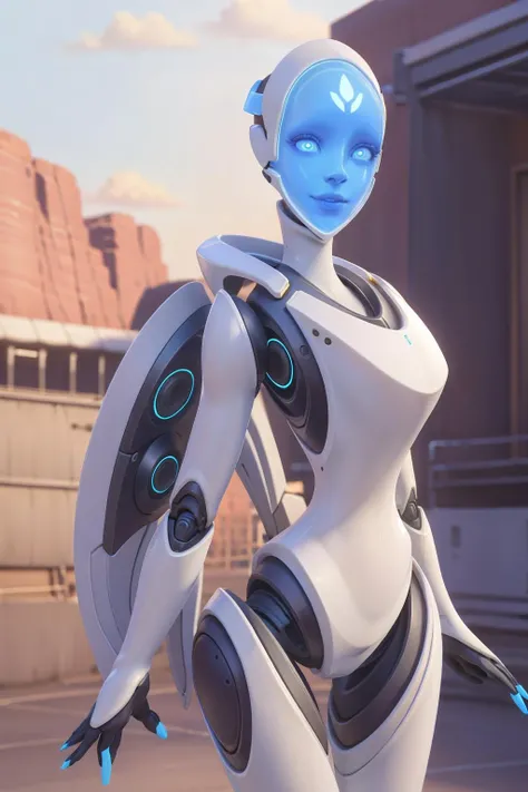 realistic, realism, photorealism, photo-realistic, high contrast, (photorealistic:1.4), 8k high definition detailed realistic, (best quality, masterpiece:1.2), NSFW,  photon mapping, radiosity, physically-based rendering, best quality, highly detailed, 1girl, 3d, owecho,owecho, android, humanoid robot, blue face, blue, blue eyelashes, glove, upper body,  outdoor, street, city, smile,