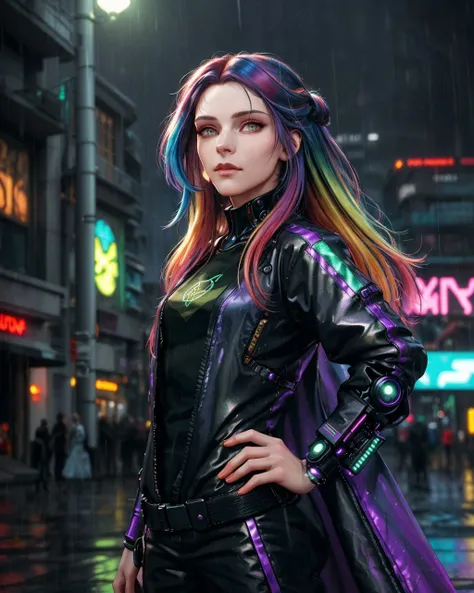 Masterpiece, Best quality, beautiful young girl walking through futuristic cyberpunk city, (casual cyberpunk clothes:1.2), futuristic clothes, cyberpunk city, futuristic, dark and cloudy, (raining), body shot, in focus, ((detailed background)), (((cybernetic eyes))), ((multicolored hair)), hair highlights, (hands on hips), sharp, determined face, by Jeremy Lipking, by Antonio J Manzanedo, [[[by Alphonse Mucha]]],