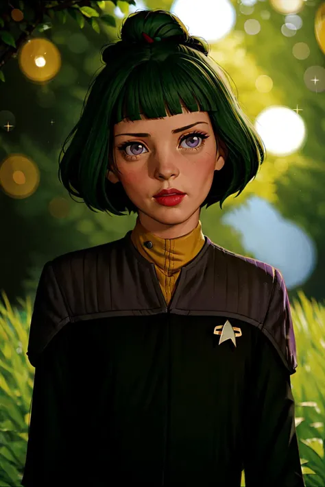 wearing (ds9st operations clothes:1.4)
BREAK
(bokeh:1.2), best quality, highly detailed, detailed face, detailed body, cute, adorable, 1girl, (head, torso, upper body, portrait), (riley, riley fairfeather, green hair, two toned hair, short green hair, purple eyes, tan skin, medium breasts, adult)
<lora:Ds9Divi:0.8>