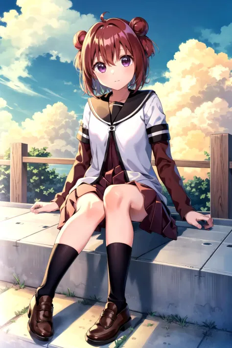 masterpiece, best quality, 1girl,  <lyco:Akari-000013:1.0>, akaza akari, sailor dress, sitting, cloud, outdoors, day, fence, rooftop, blue sky, looking at viewer, closed mouth, cloudy sky, brown footwear, socks