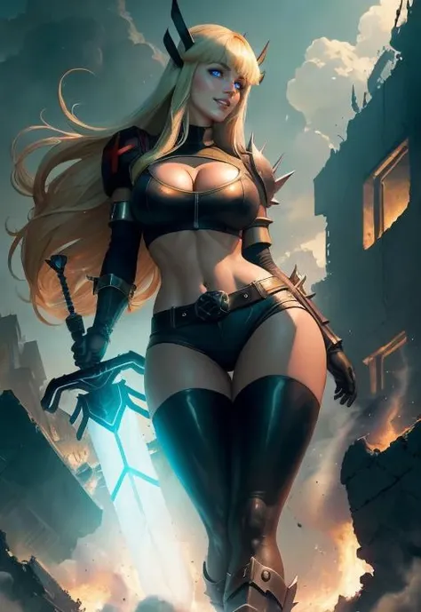 ((masterpiece, 8k, best quality)), pov, from below, low angle, 1girl, Magik, midriff, thigh highs, gloves, short shorts, cleavage, soul sword, evil smile, glowing blue eyes, looking at viewer,heroic pose,<lora:magik-10:0.8>, hellfire, in hell, destruction, destroyed city, smoke,cinders, foreshortening, depth,