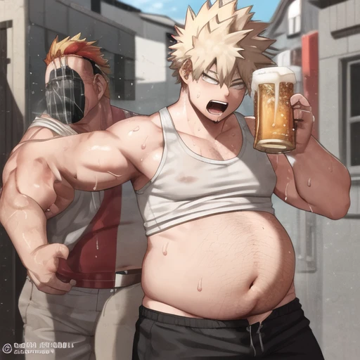 horikoshi kouhei, 1boy, beer_belly, absurdres, beer, obese, bakugou katsuki, bare shoulders, black tank top, blonde hair, blurry, blurry background, boku no hero academia, chama kou, highres, looking away, male focus, open mouth, red eyes, short hair, spiked hair, sweat, tank top, twitter username, wiping sweat
<lora:beer_belly:0.8> <lora:myHeroAcademiaHorikoshi_v1:0.5>